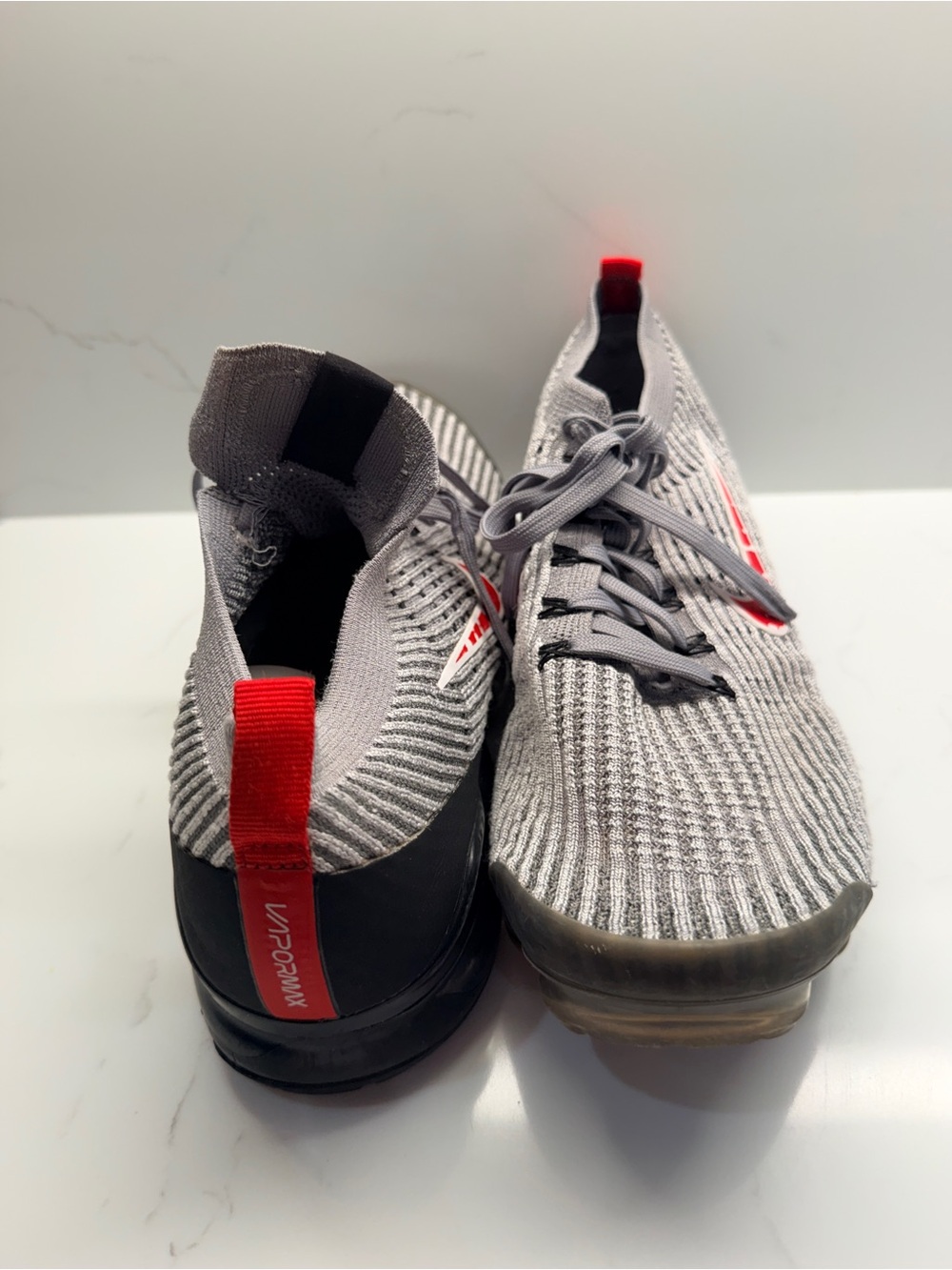 Nike Air VaporMax Flyknit 3 Gray & Red Sneakers โ Menโs 11